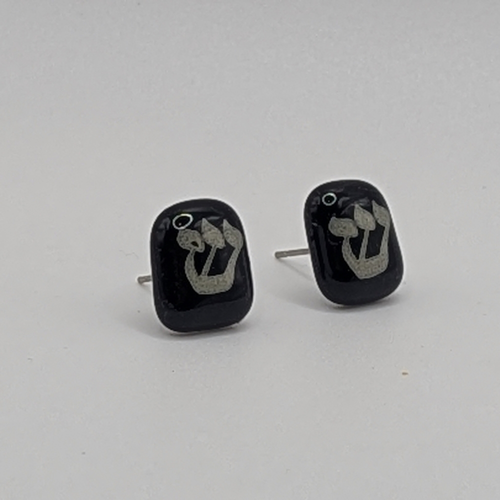 Black With White "Shin" For Shalom Or Shema On Nickel Free Stud Earrings.